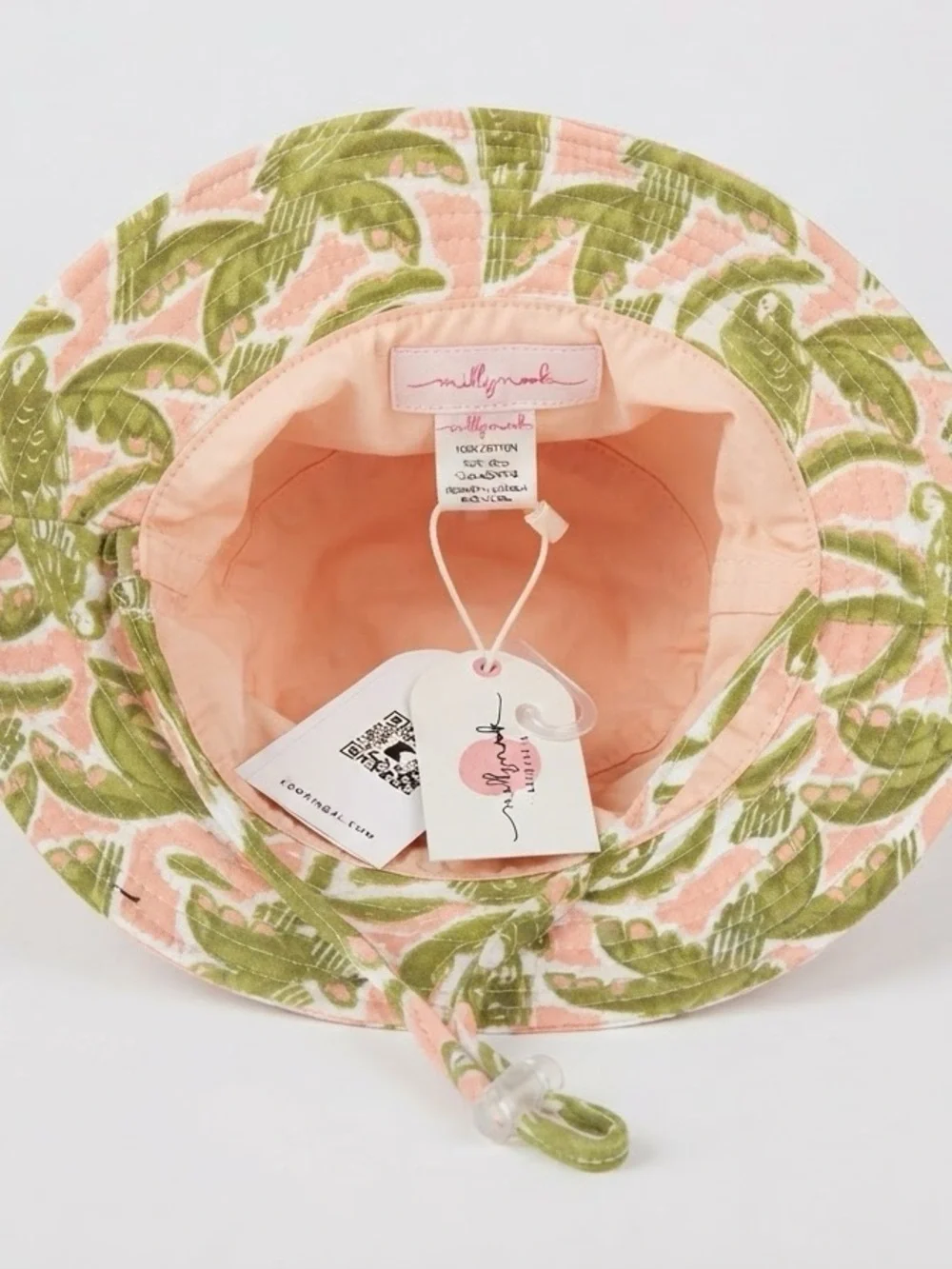 Lilly Pulitzer Coral Bucket Hat with Olive Tropical Leaf Pattern